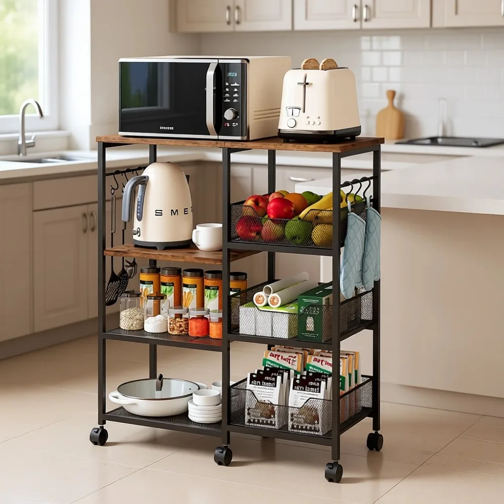 

4 Tier Rolling Kitchen Island Cart with Storage Shelves Hooks Locking Wheels for Dining Room Pantry Office Espresso