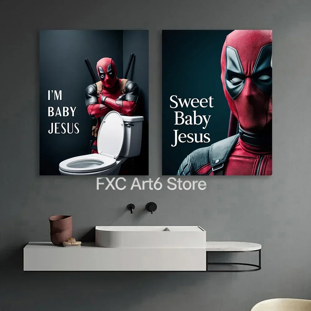 1 Stück rahmenloses Deadpool Lustiges Badezimmer-Poster Süßes Baby Jesus Kunstdruck Superhelden-Toiletten-Leinwandbild für Zuhause und Badezimmer