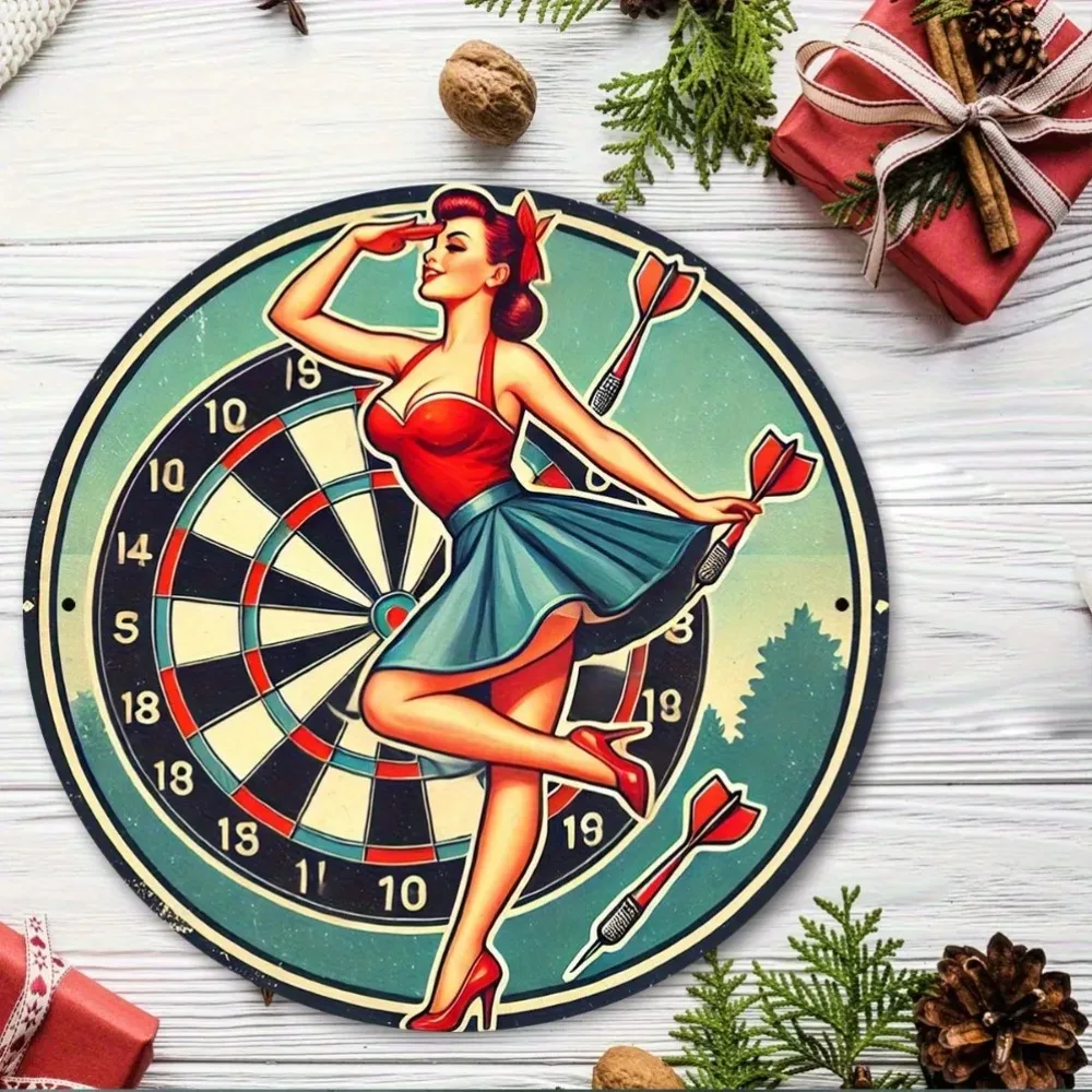 Metalowy Znak Vintage Retro Pinup Girl Dekoracja Ścienna Okrągła Aluminiowa Tablica Dart