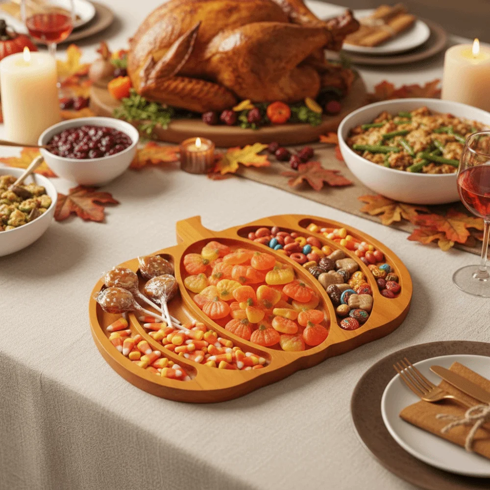 Wooden Halloween Pumpkin Snack Tray with Compartment 5 Grid Nut Platter Sturdy Drop-resistant Snack Serving Plate