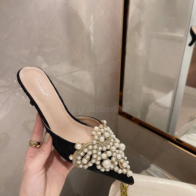 Pointed Toe Pearl Half Slippers for Women Summer New Rhinestone Kitten Heel Pumps Women's Mules Fashion Mid Heeled Casual Shoes