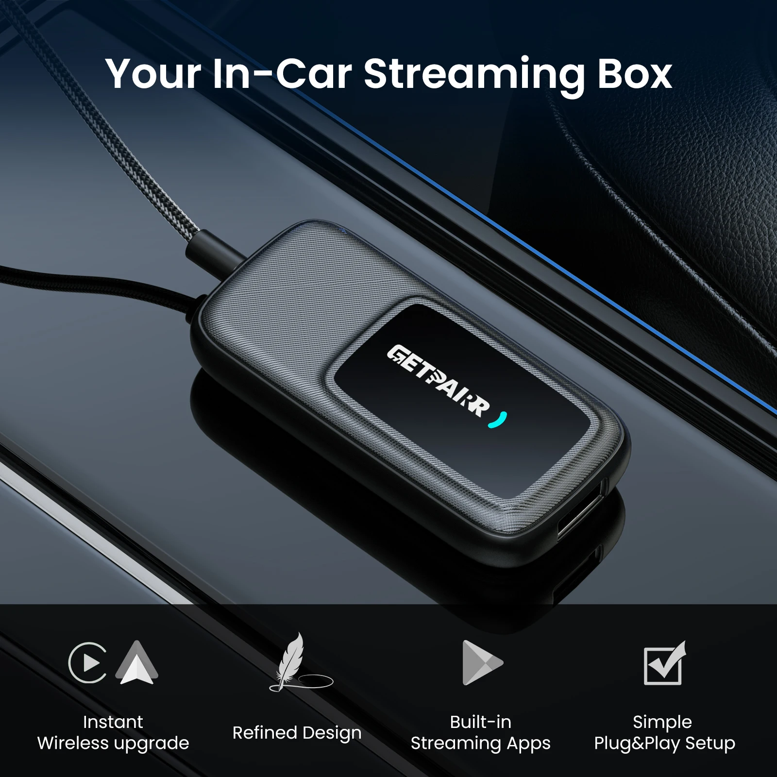 Getpairr Play2Video Ultra Wireless Carplay Android Auto Adapter dengan Youtube Netflix Terintegrasi, Kotak Video untuk VW Benz Ford 99% Mobil