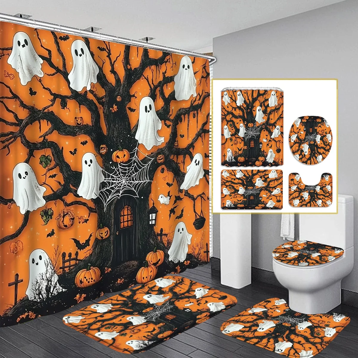 Halloween Cartoon ghost pump 1/4PC shower curtain set waterproof shower curtain and waterproof non-slip carpet,12 hooks included