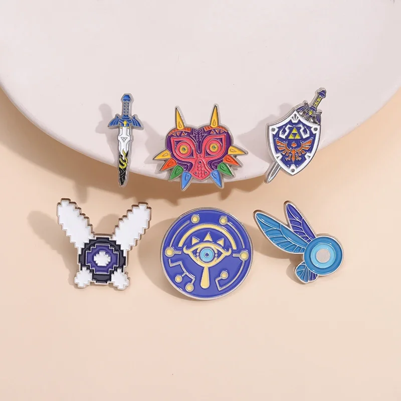 Juegos de aventura personalizados, alfileres esmaltados, escudo maestro, espada, máscara, broche, insignias de solapa, ropa, joyería de dibujos animados, regalo para jugador