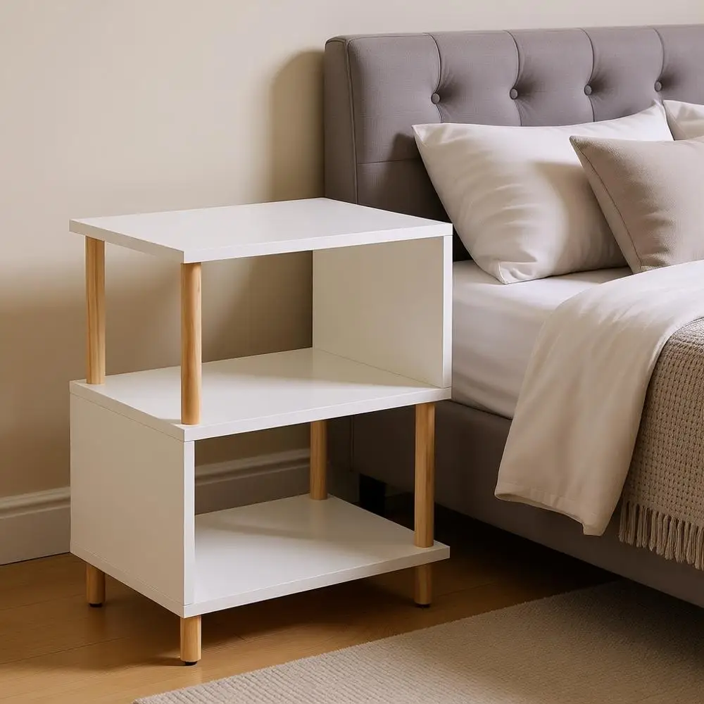 

Белая прикроватная тумбочка с открытой полкой для хранения, S-образный прикроватный столик, 3-уровневый, высотой 20 дюймов, белый/из натурального дерева