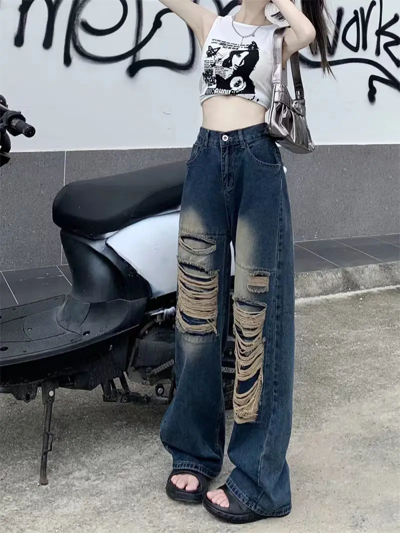 

Denim Pants for Women Blue High Waist Shot with Holes Trousers Straight Leg Retro Womens Jeans Trend 2025 Streetwear Top Selling