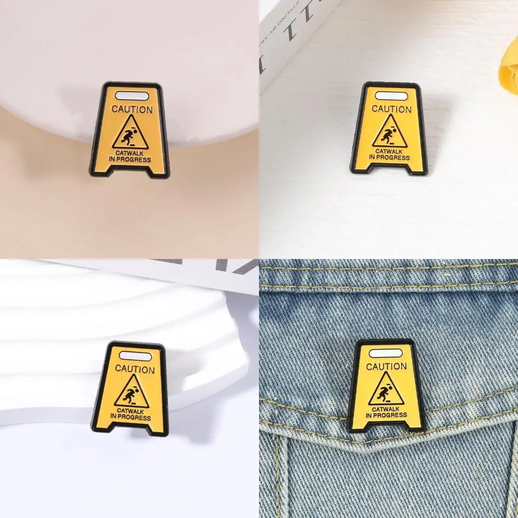 Novelty Caution Metal Badge Pin With Catwalk Pattern For Outfit