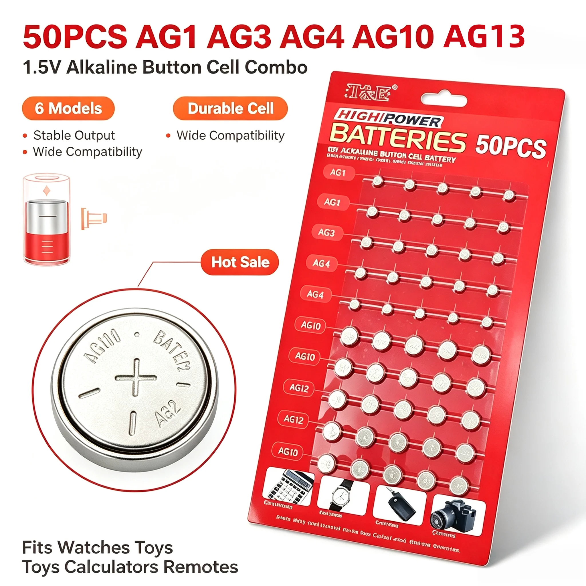 50 Stück/Karte 1,5V Knopfbatterie AG1 AG3 AG4 AG10 AG12 AG13 LR44 SR44 Batterie für Spielzeug, Uhren, Fernbedienungen, Großpackung Knopfbatterie