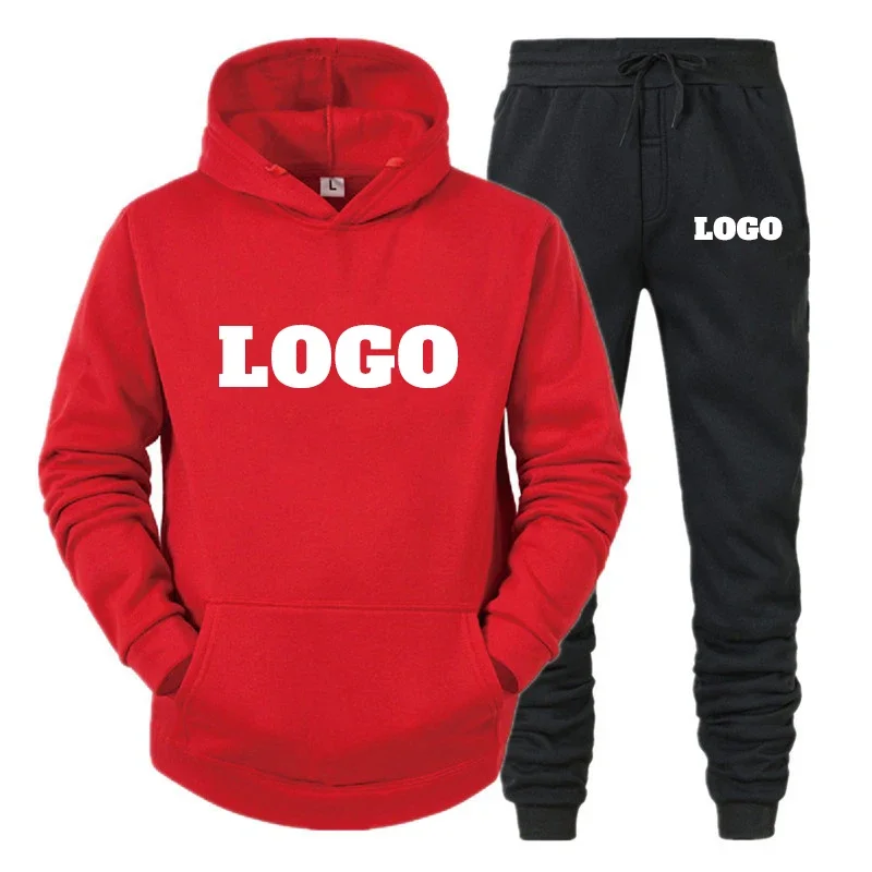 Men's customized logo sportswear, hooded sweatshirt and pants set, running and casual sportswear, 2 pieces.