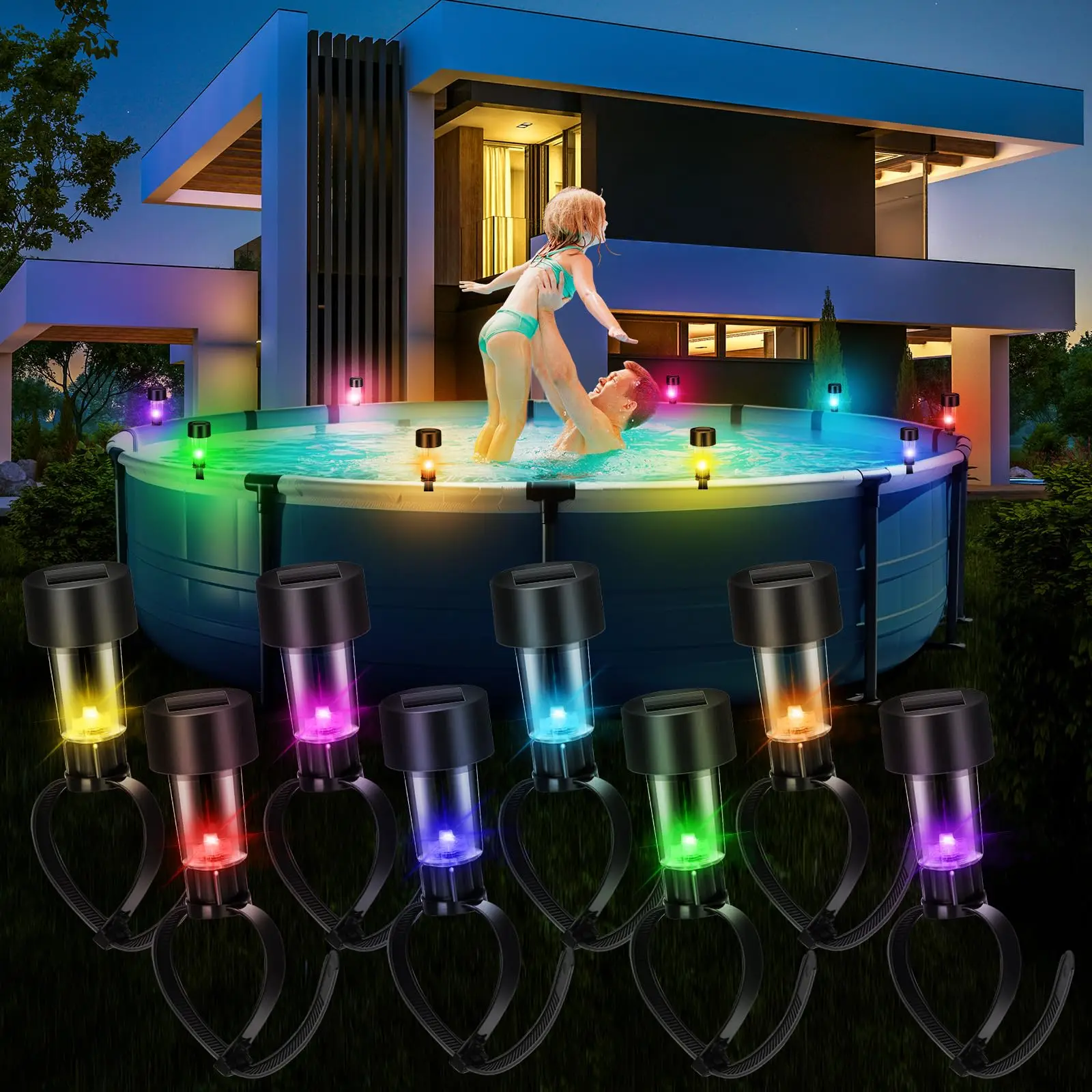 8 مصابيح تعمل بالطاقة الشمسية لحمام السباحة، وأضواء مقاومة للماء، وإكسسوارات حمام السباحة الخارجية، وأضواء ملونة وأضواء ليلية