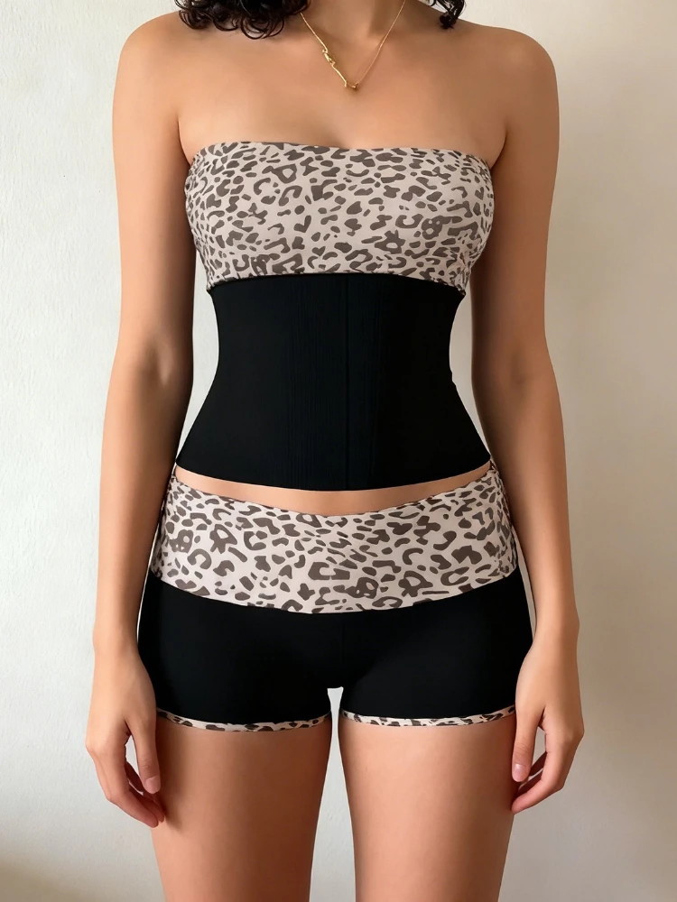 SsTss Summer Y2K Hottie 2-Piece Set Women Sexy Leopard Print Patchwork Strapless Sleeveless Crop Top & Slim Shorts Matching Suit