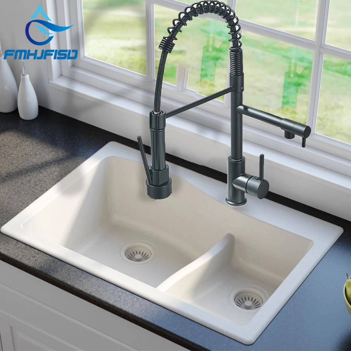 Черный вытяжной кухонный кран с двойным носиком, вращение на 360 °, стандартный кран с одной ручкой, устанавливаемый на раковину кран