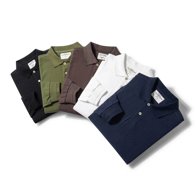 Vintage Heavy Long Sleeve Polo Shirt Men Spring Autumn New Solid Color Lapel Hem Slit Washed Shirt Retro Casual Pullover