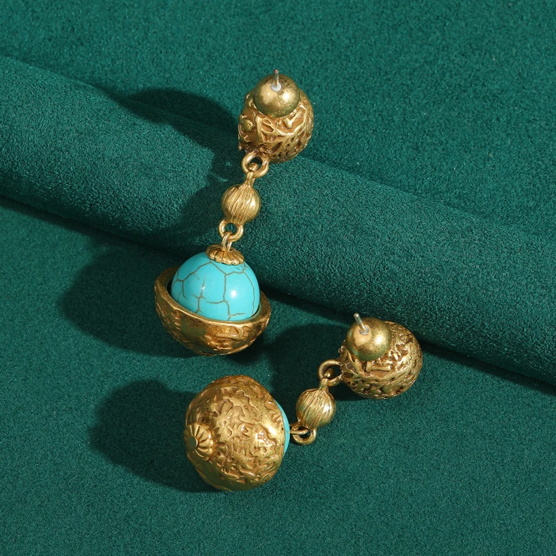 

Vintage Turquoise Drop Earrings Gold Color Carve Ball Round Antique Anniversary Woman Jewelry Designer Luxury Retro Accessories