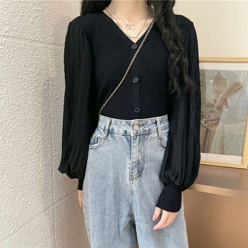 Lantern Sleeve Single Breasted Solid V-Neck Women Shirt Slim Elegant Fashion Thin Worsted Spring Autumn Women's Clothing Simple