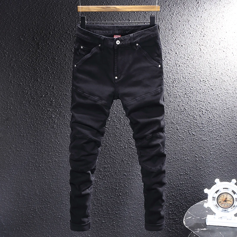 Alta rua moda masculina jeans preto estiramento fino ajuste emendado designer biker jeans homme remendado hip hop denim calças