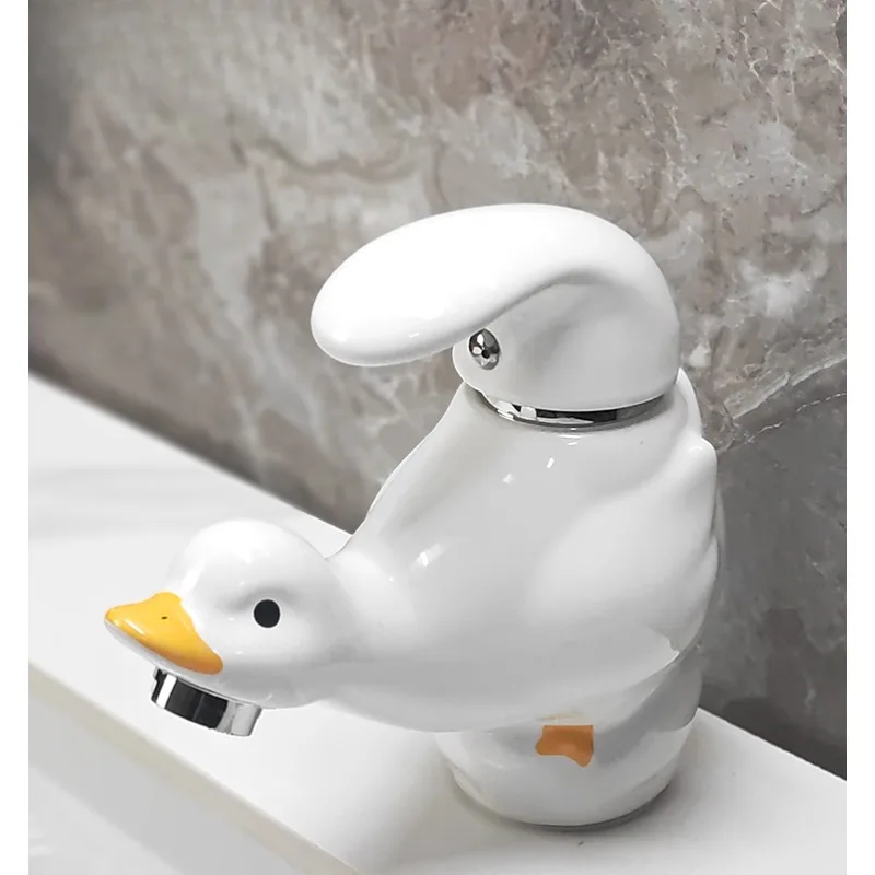 Washbasin cartoon cute ceramic duck household wash basin big goose hot and cold faucet