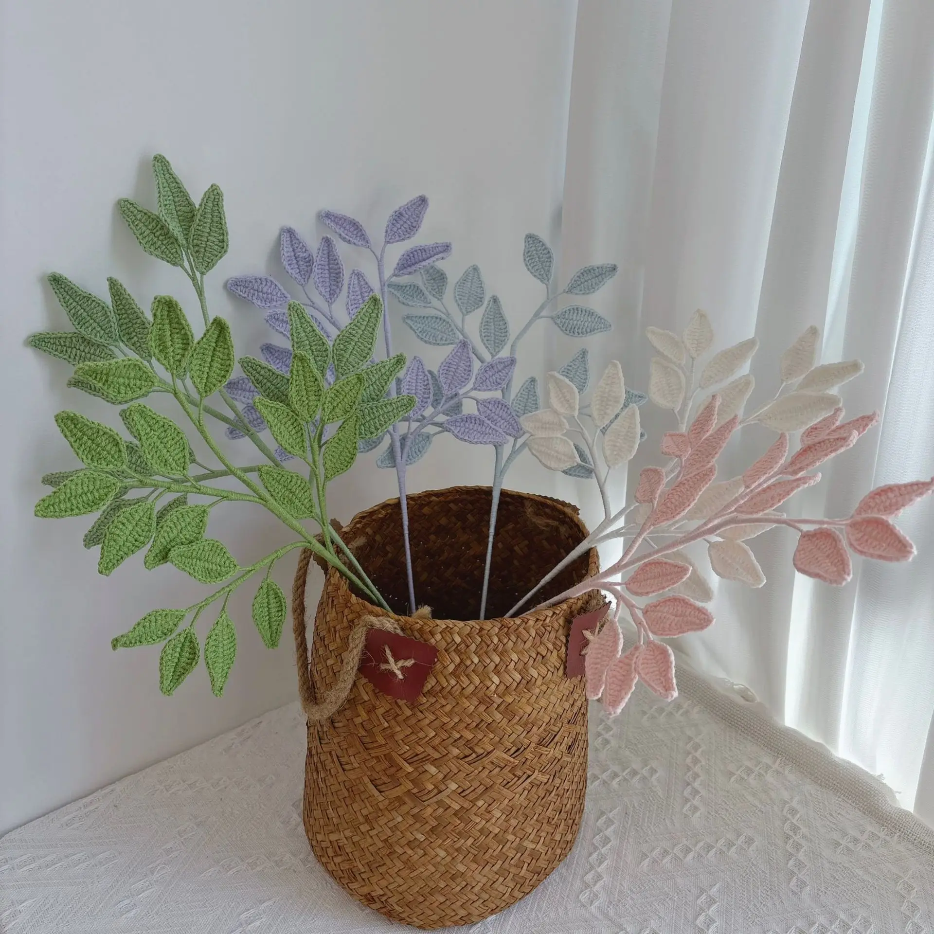 Kreative künstliche Blätterzweige, fertig gehäkelte Blätter, gestrickte Blumen, Foto-Requisiten, Raumdekoration – Detail 1