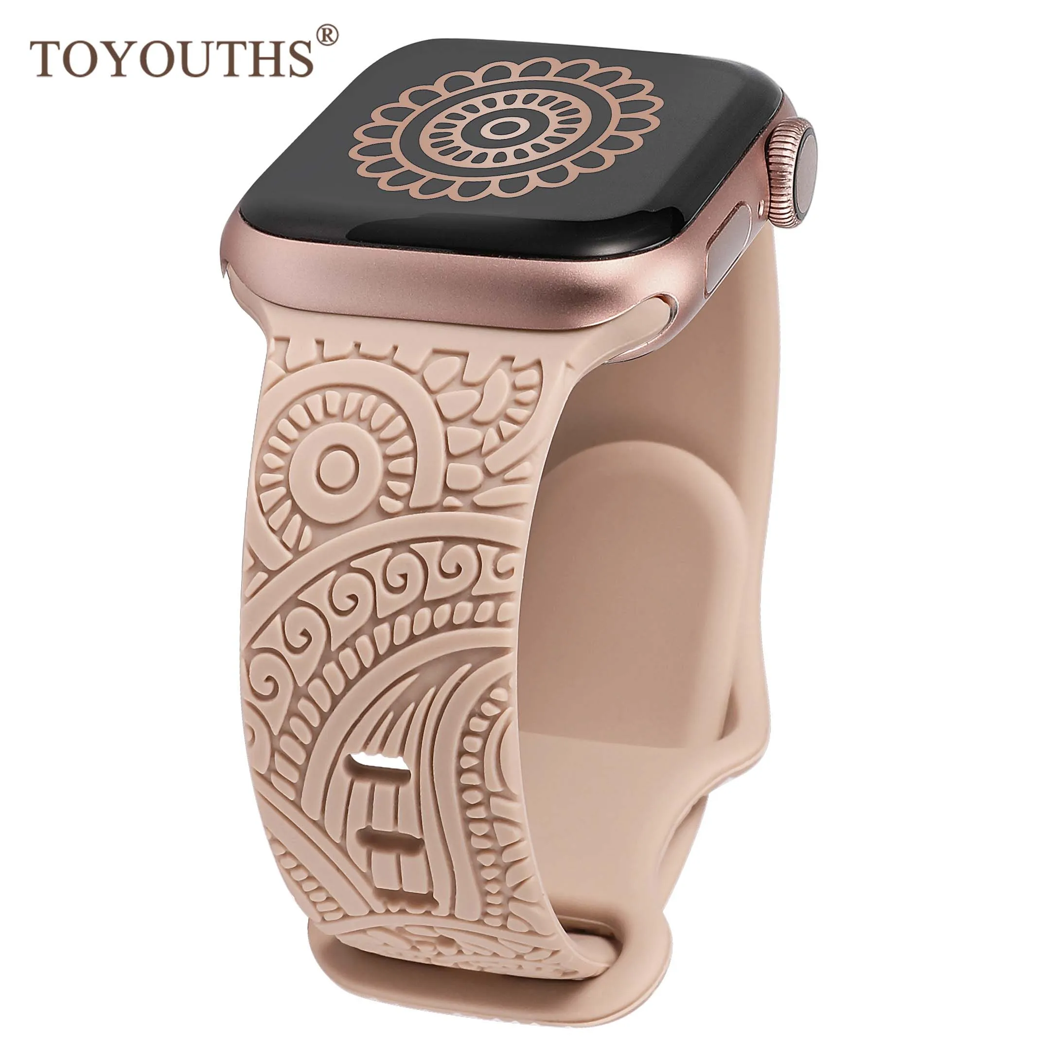 Toyouths Engraved Band for Apple Watch 38mm 40mm 41mm Floral Silicone Sport Strap for iWatch Series Ultra 2/9/8/7/6/5/4/3/2/1/SE