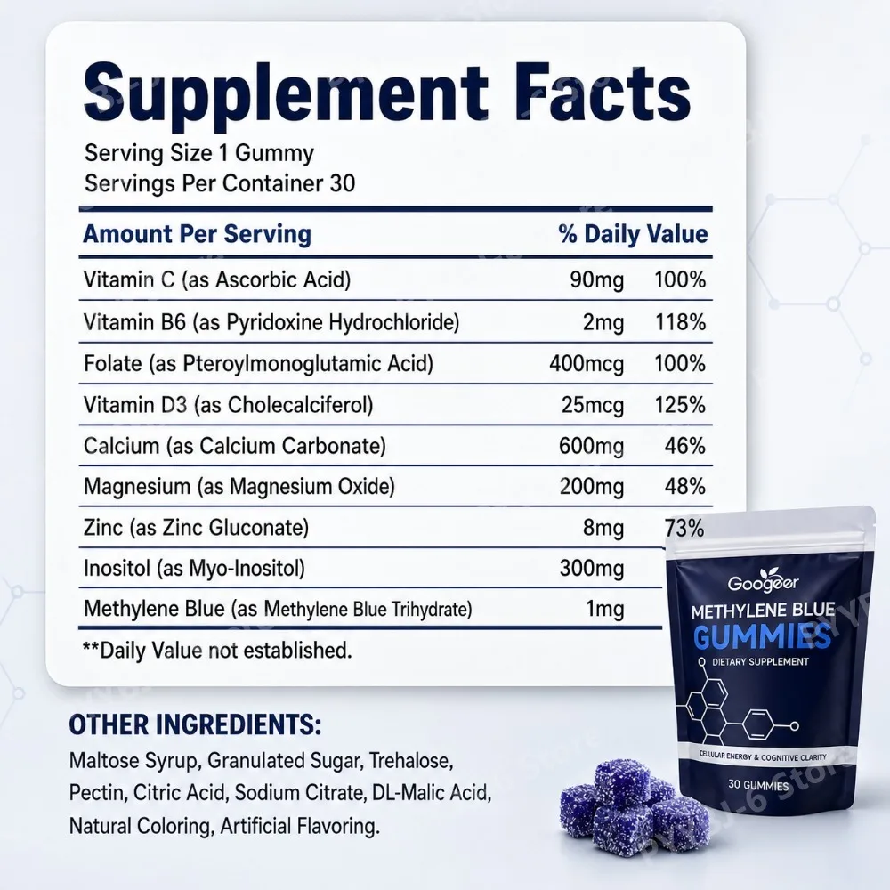 Methylene Blue Gummies 30pcs Energy & Focus Support Dietary Supplement with Vitamins C B6 D3 Calcium Magnesium Zinc Inositol