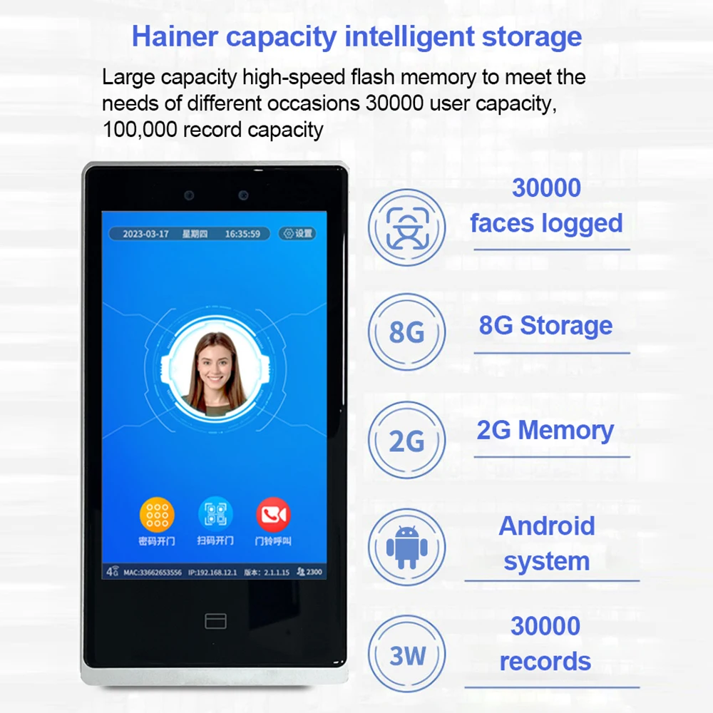 指紋認証フェイスマシン、手のひら静脈カードアクセス制御、パスワードアクセス、オールインワンアテンダント、メーカー、8インチ