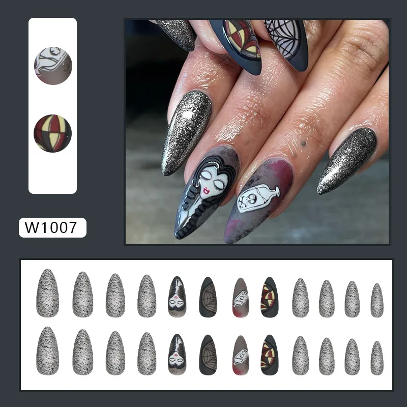 

24pcs Gothic Halloween Press-On Nails - Matte Spiderweb & Bone Jar Designs with Medium-Long Almond Dark Fantasy Style