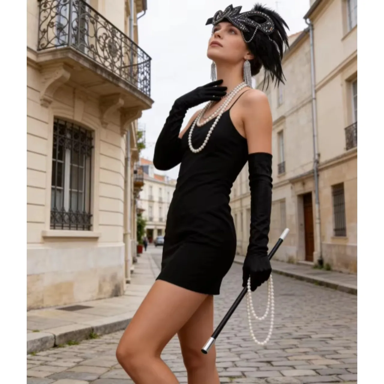 PESENAR  1920s Flapper Costume Accessory Set with Feather Headpiece, Pearl Jewelry, Long Gloves and Cigarette Holder