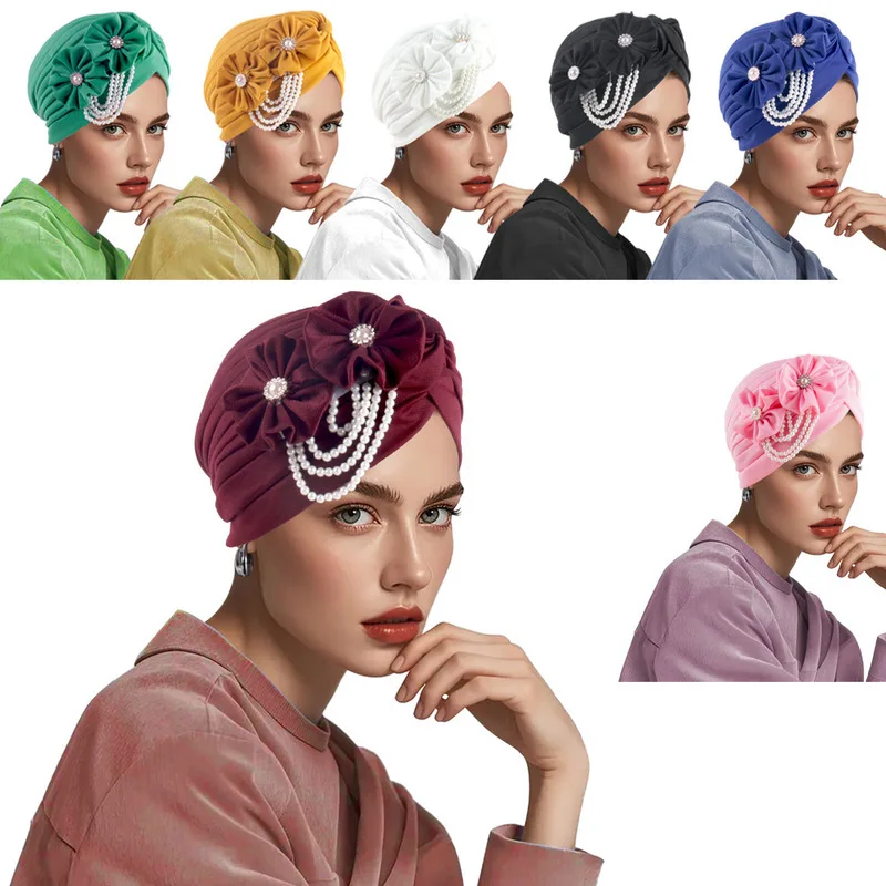 Woman tangled floral pearl tassel accessory solid color Ethnic Muslim Style headwrap African Turban hats