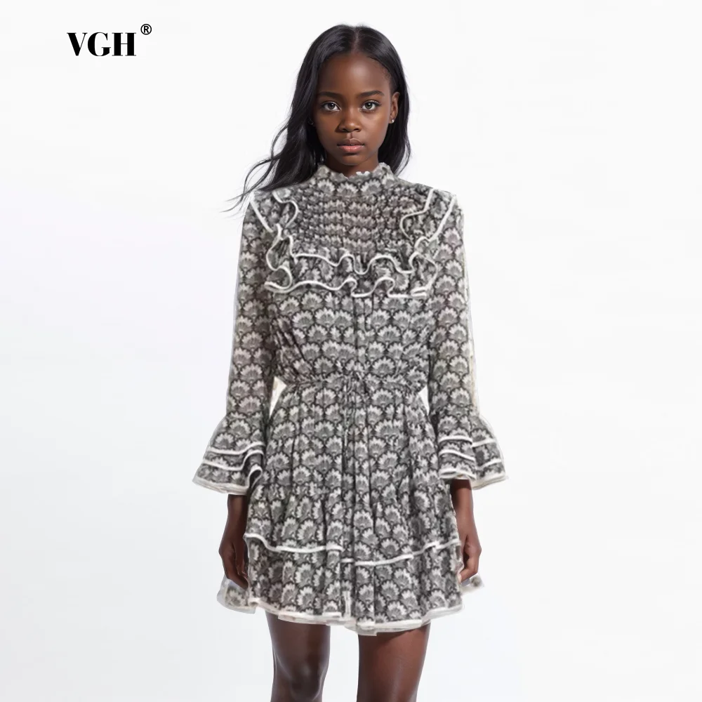 

VGH Hit Color Patchwork Lace Up Mini Dress For Women Stand Collar Flare Long Sleeve High Waist Spliced Ruffled Dresses Female