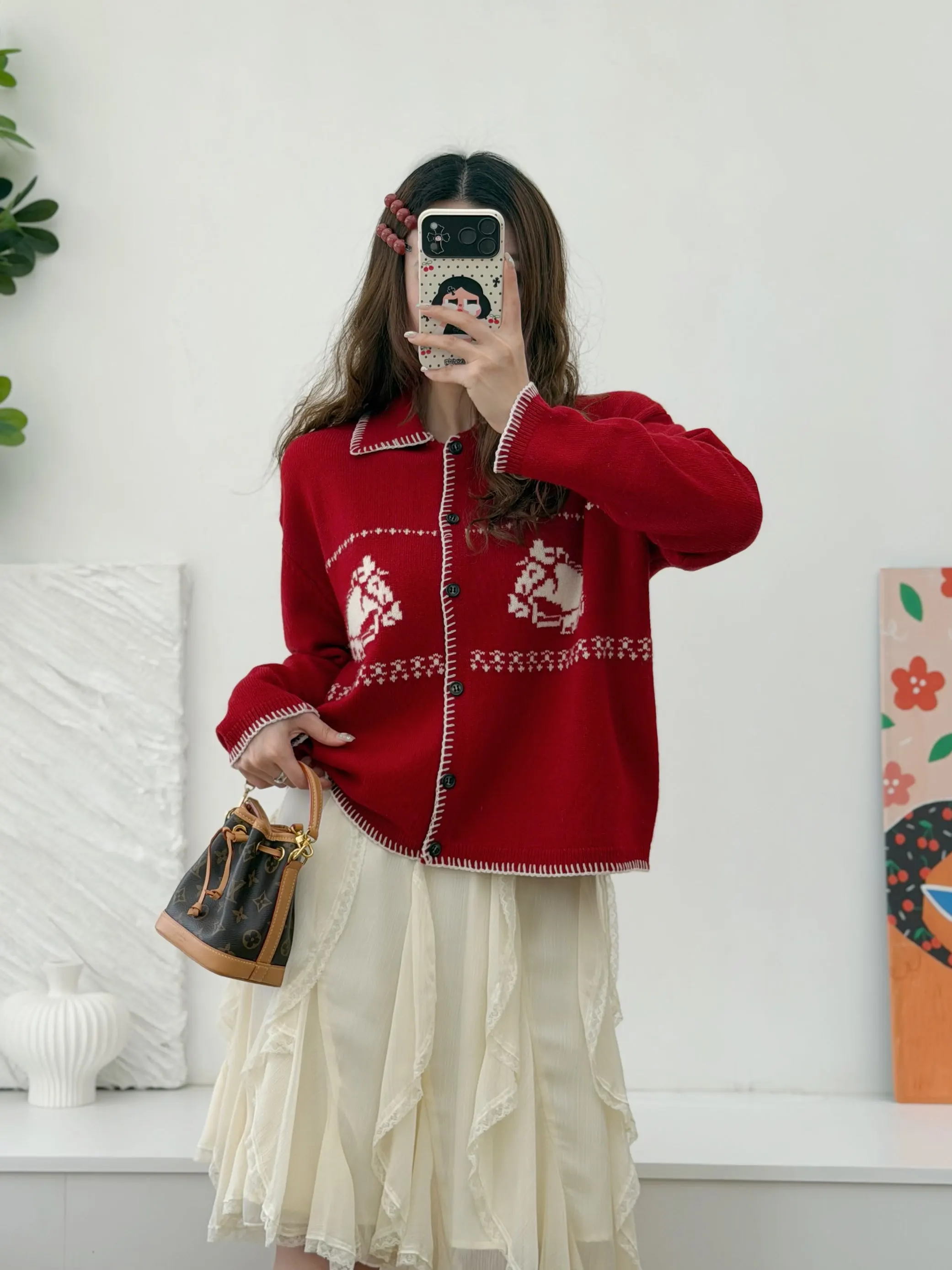 

Весенний кардиган из 100% шерсти, вязаный, с отложным воротником, ручная вышивка, свободный крой, повседневный стиль, длинный рукав