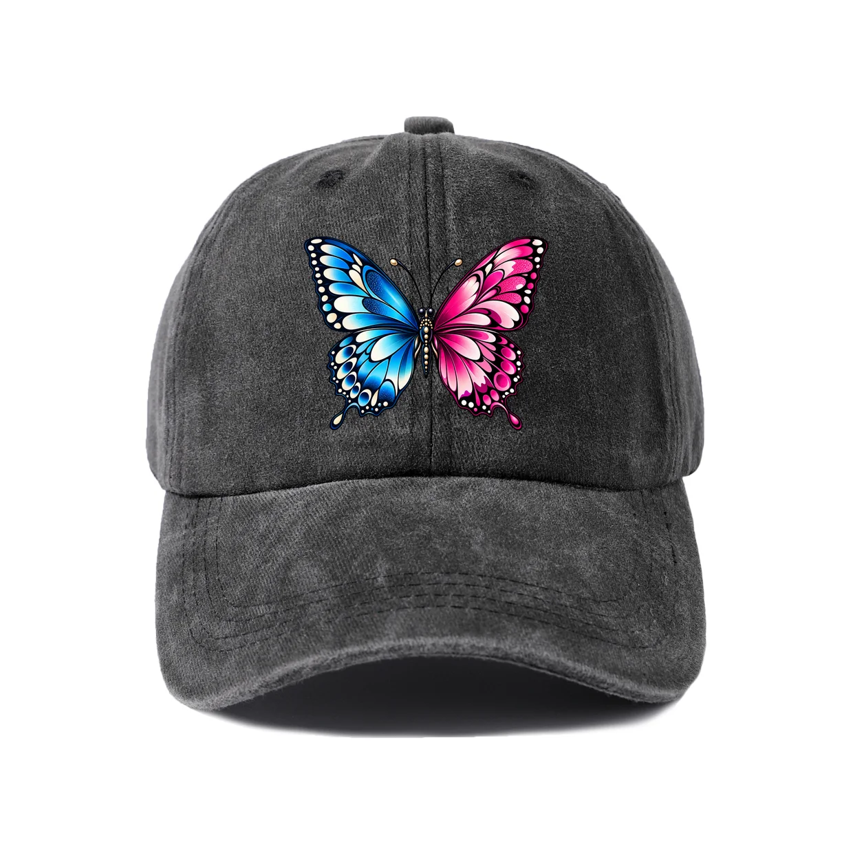 Blue Pink Butterfly Graphic Vintage Washed Baseball Cap, Adjustable Unisex Dad Hat, Casual Gift