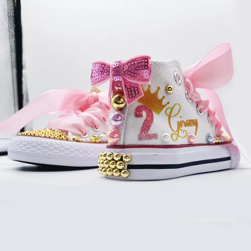 Crown Theme Birthday Party Kids Canvas Shoes DIY For Girl Communion Customized Shoes Dollbling Handmade Bling Sneakers