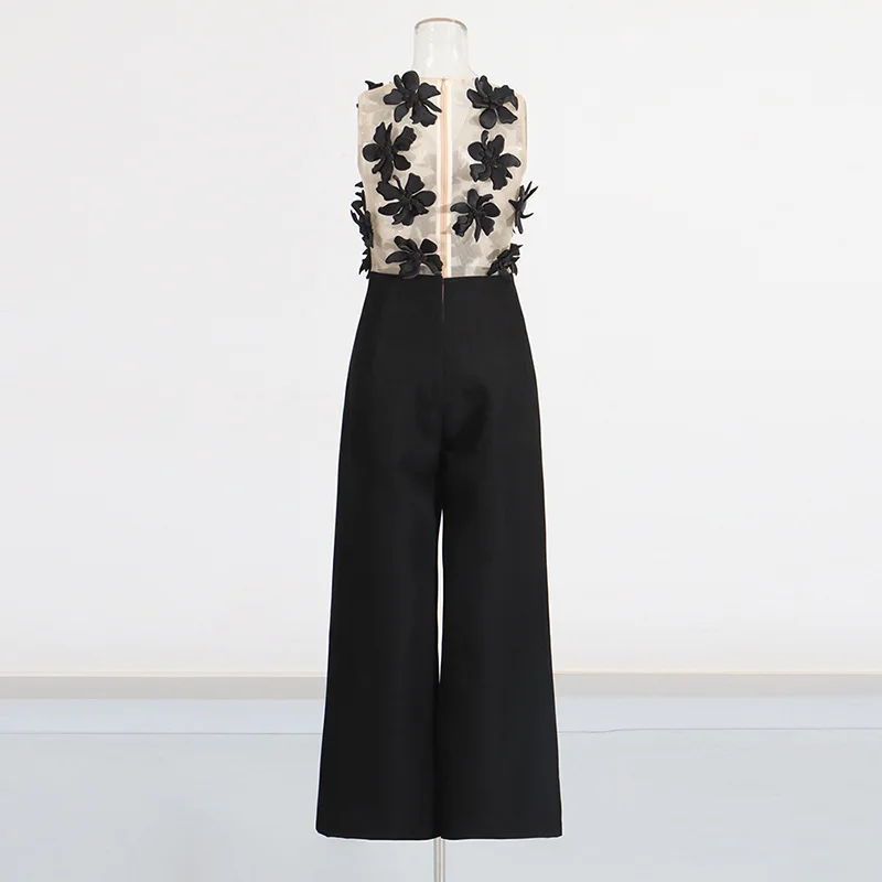 HKSH Wiosna Lato Nowy Damski Kombinezon Bez Rękawów Dekolt V Przezroczysta Siateczka Trójwymiarowe Kwiatowe Wstęgi Szerokie Nogawki Modny HK18028
