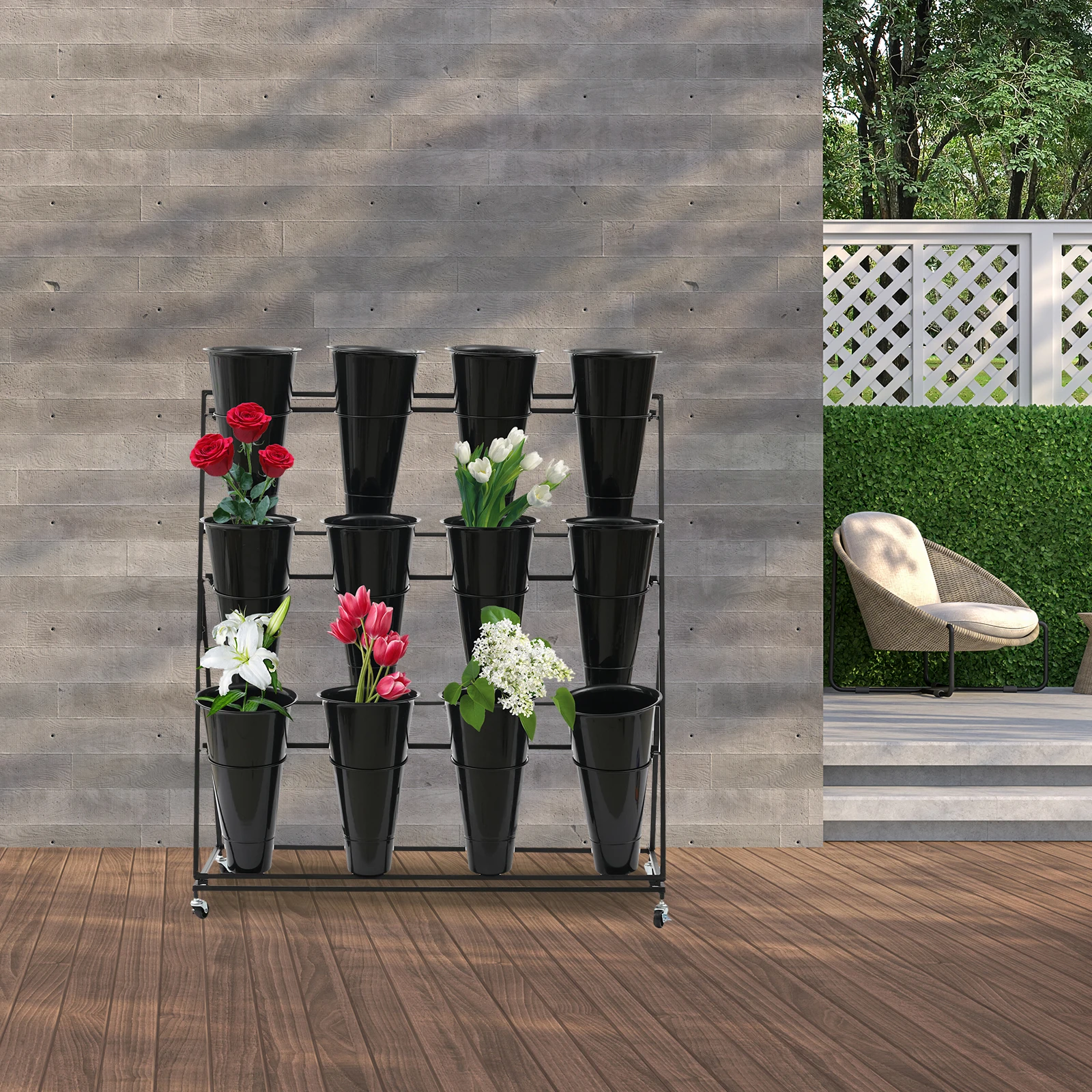 

12 шт. черные ведра, высококачественные ведра для цветов из полипропилена, компактные ведра с подставкой для цветов для садовых вечеринок