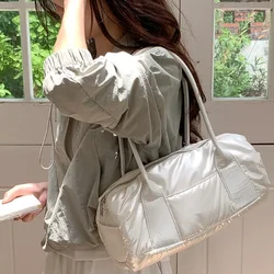 Preppy Style Barrel-shaped PU Sweet Student Shoulder Bag Women Cotton Laminated Niche Designed Portable Cloud Underarm Bag