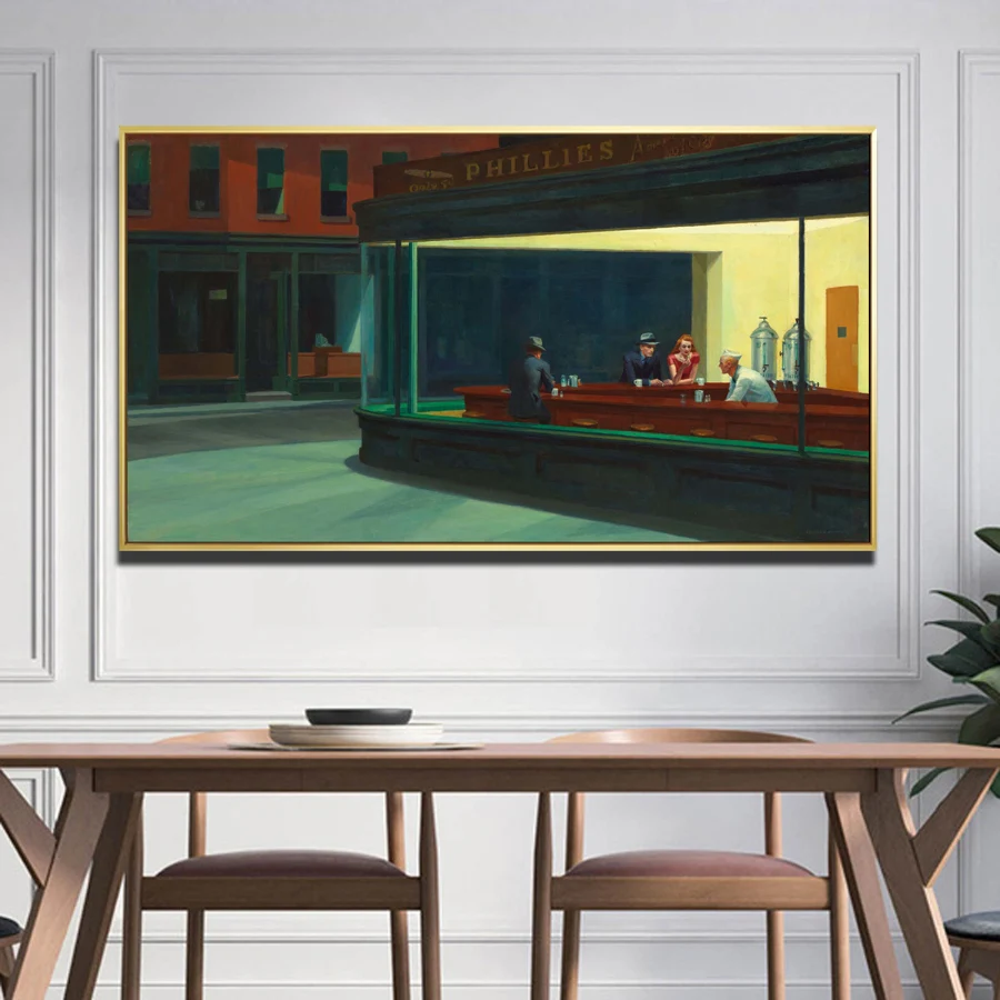 Hand painted museum quality reproduction of Nighthawks by Edward Hopper wall decor picture for dining room and Coffee House