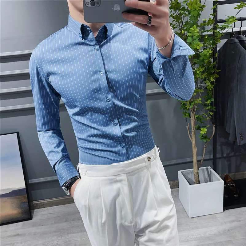 High Quality Slim Fit Striped Shirts Men Clothing 2022 Long Sleeved Luxury Business Casual Formal Dress Shirts Streetwear Hommes