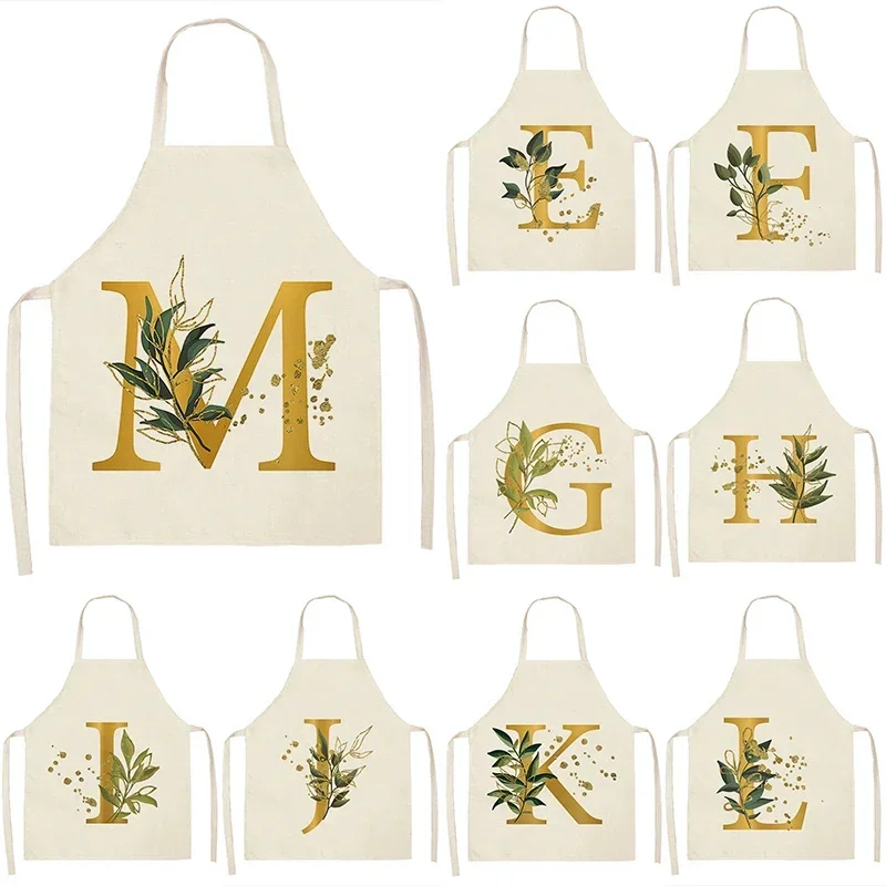 Laurel Branch Alphabet Pattern Kitchen Apron For Women Cotton Linen Bib House Cleaning Pinafore Home Cooking Apron Accessories