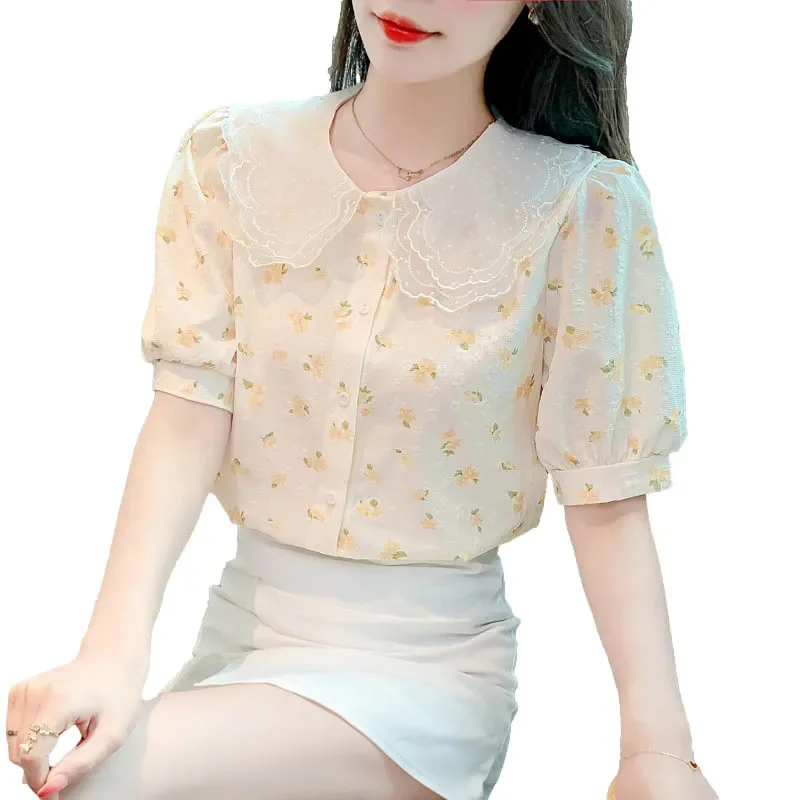 Chic Summer Floral Print Chiffon irt Women's Faionable Doll Collar ort Sve Ele Top Korean Sle Bubble Sve