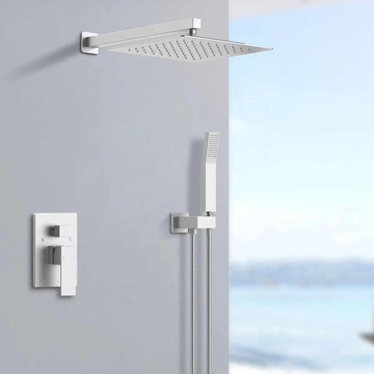 Wall-mounted 10-inch showerhead and handheld faucet combo with brushed nickel finish suitable for outdoor use