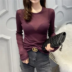 Sexy Round Neck Long Sleeve Tops Clothing Aesthetic Women's T Shirts Winter Woman Tshirts T-shirt Fashion Vintage  Top