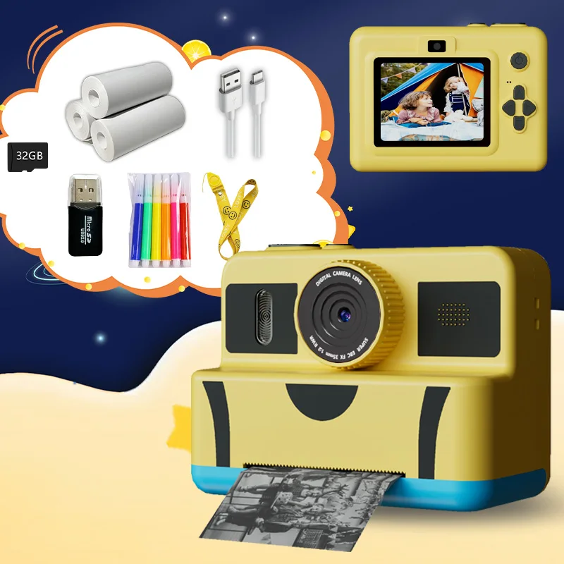 

Instant Print Camera for Children Suitable for girls and boys aged 4 and above, featuring a dual-lens camera with a 32GB memory