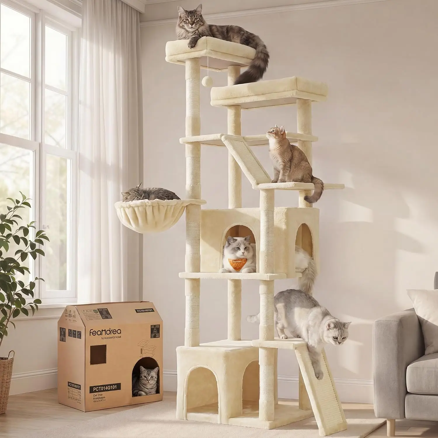 72.6-Inch Tall Sturdy Cat Tower, Large Indoor Cat Tree in Beige
