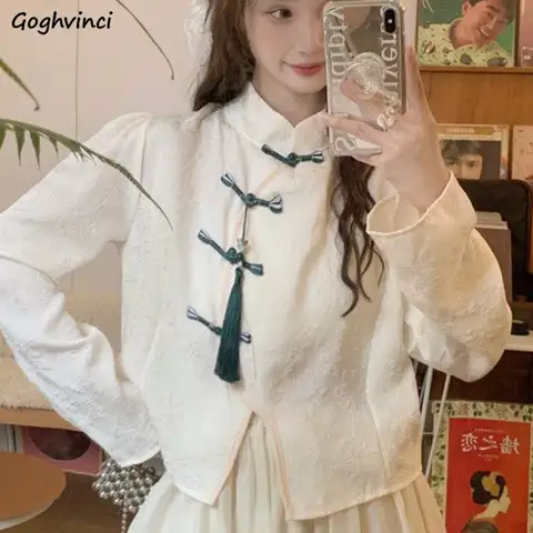 Chinese Style Shirts Women Mandarin Collar Tassel Design Long Sleeve Personality Vintage New Female Tops Harajuku Loose Leisure