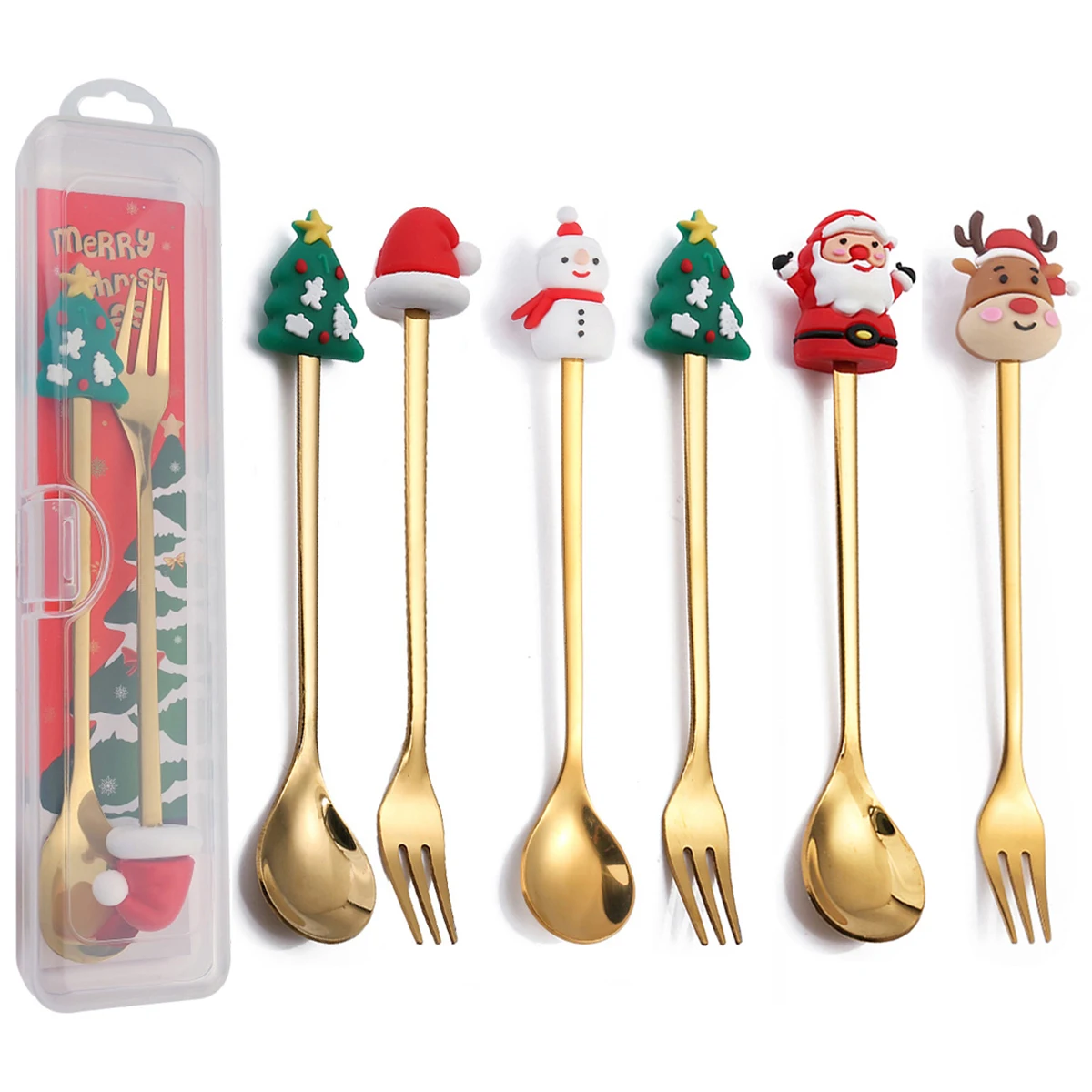 

2Pcs Christmas Theme Dinnerware Set with Storage Box Snowman Christmas Tree Fork Spoon Cutlery Set Stainless Steel Tableware