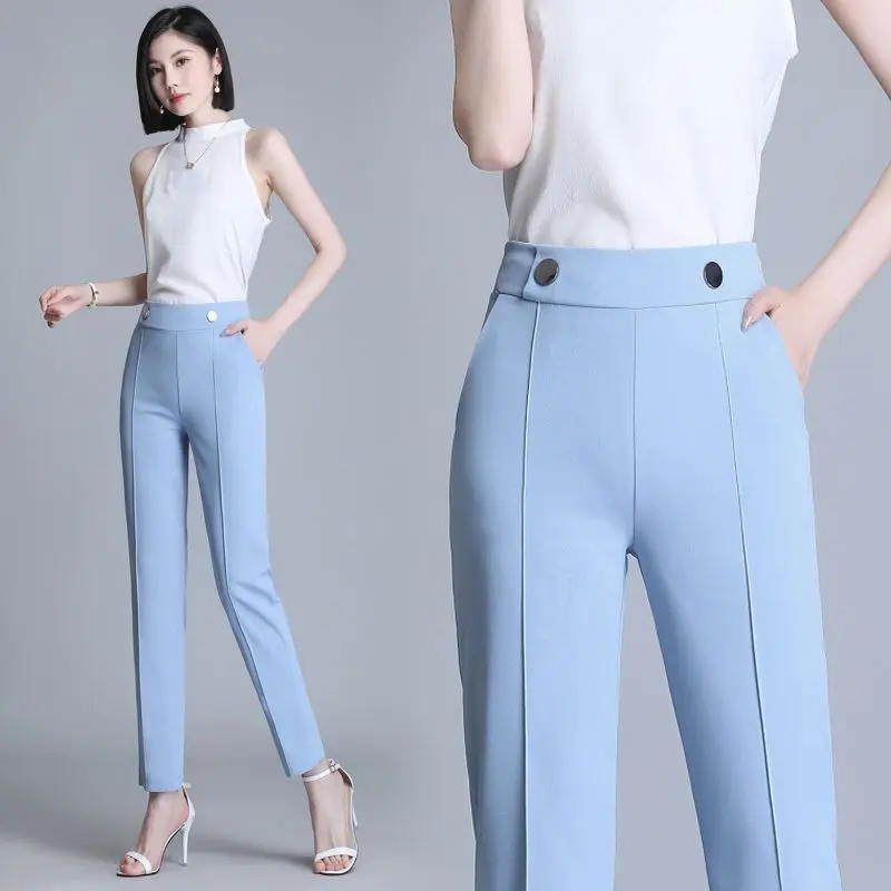 

Office Lady Fashion Solid All-match Pencil Pants Spring Autumn Elastic Band High Waist Slim Women Casual Long Straight Trousers