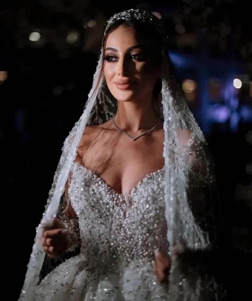 Customized  Sweetheart Heavy Pearls Beads A-Line Wedding Dress Sweep Train Full Sleeves Luxury Vestido De Casamento Bridal Gown