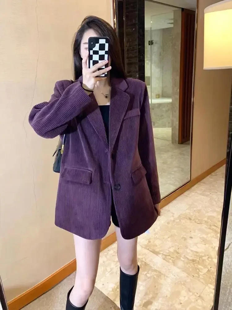 

Spring Autumn New Corduroy Long Sleeve Blazers Retro Purple Blazer Women Clothing Trends Long Sleeves Buttons Blazer Mujer