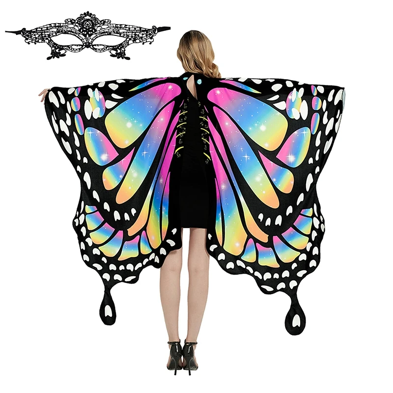 Women Butterfly Coat Party Cosplay Cape Fancy Dress Costume with Colourful Mask and Headband Fairy Wings Pixie Shawl Cloak