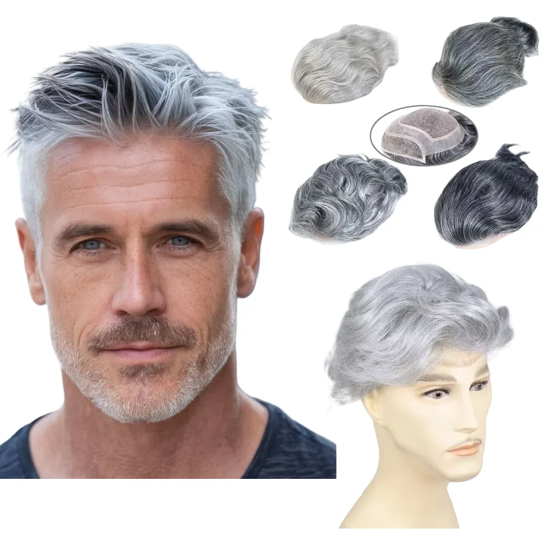 شعر مستعار للرجال قاعدة أحادية 8 × 10 بوصة شعر بشري رمادي ظلال دانتيل مع ألوان مقاومة للحرارة من البولي يوريثان 1B60 1B90 # 4 # 613 أنيق #1